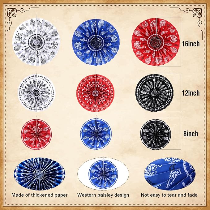 Outus 9 Pcs Western Party Decorations Paper Fans Wild West Bandana Hanging Paper Fans Ceiling Wall Garland for Western Cowboy Themed Party Decorations (Red/Blue/White/Black)