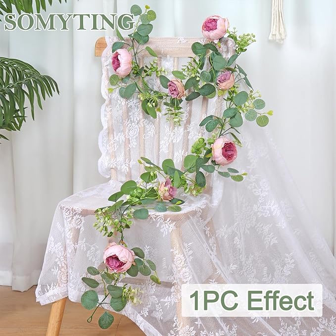 SOMYTING 2 Pack 13FT Flower Garland, Artificial Rose Vine Fake Flower Garland Silk Rose Peony Vines Faux Valentine Floral Garlands for Wedding Party Arch Table Backdrop Wall Decoration (Vintage Pink)