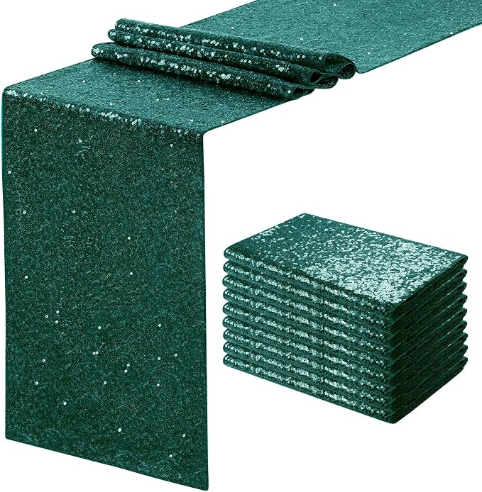 Sequin Table Runners 10 Pieces Emerald Green Table Runners 12x72 Inch Glitter Dining Table Cover for Party Wedding Birthday Reception Banquet Decoration Spring Party Chair Sashes