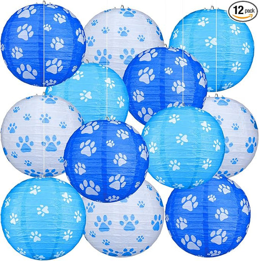 Panelee 12 Pcs Dog Paw Print Paper Lanterns Puppy Themed Party Decorations Blue and White Pet Paw Print Round Hanging Lanterns 8 Inch for Dog Birthday Party Decorations Supplies Indoor Outdoor