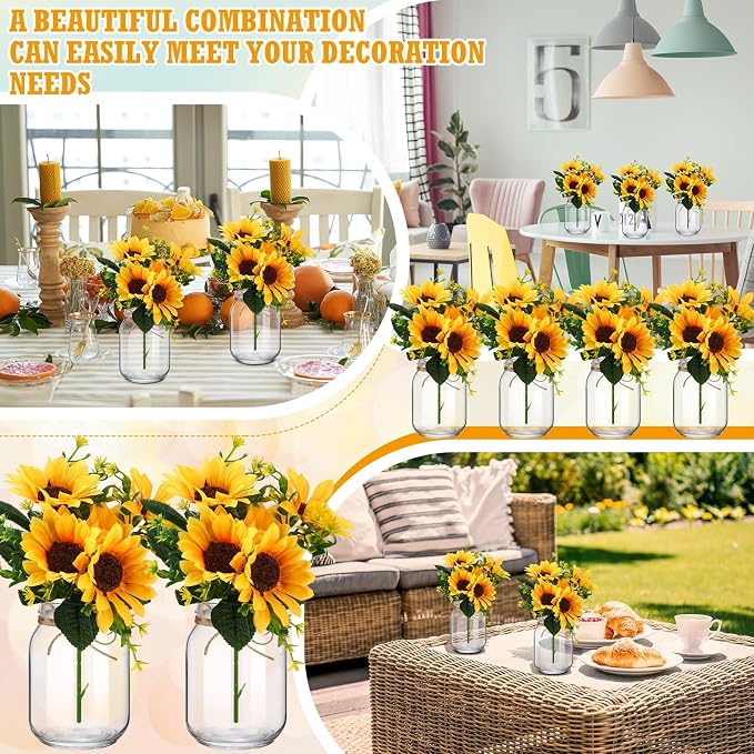 XunYee 10 Set Mason Jar Table Centerpiece with Flower Mason Jar Flower Centerpiece Vases Decor for Engagement Party Bridal Shower Wedding Reception Table Decor(Orange,Sunflower)