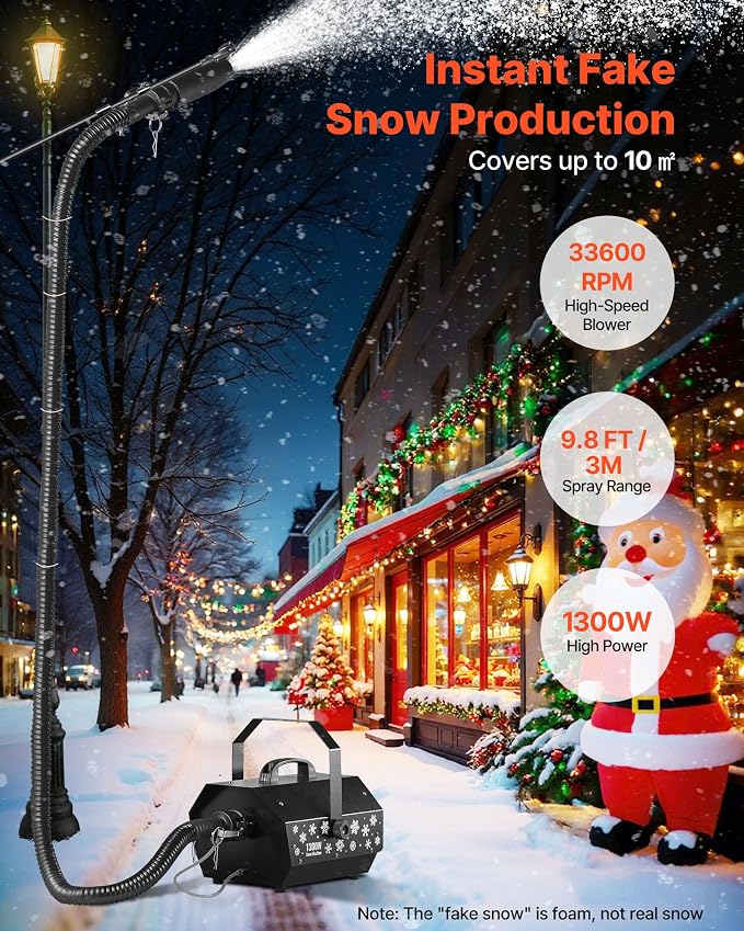 VEVOR Snow Machine, 1300W Super Silent Snow Maker, Portable Wireless Remote Control Snowmaking Machine, Outdoor & Indoor Snowflake Maker for Xmas Party Wedding Stages Mall Snowflake Effects Decor