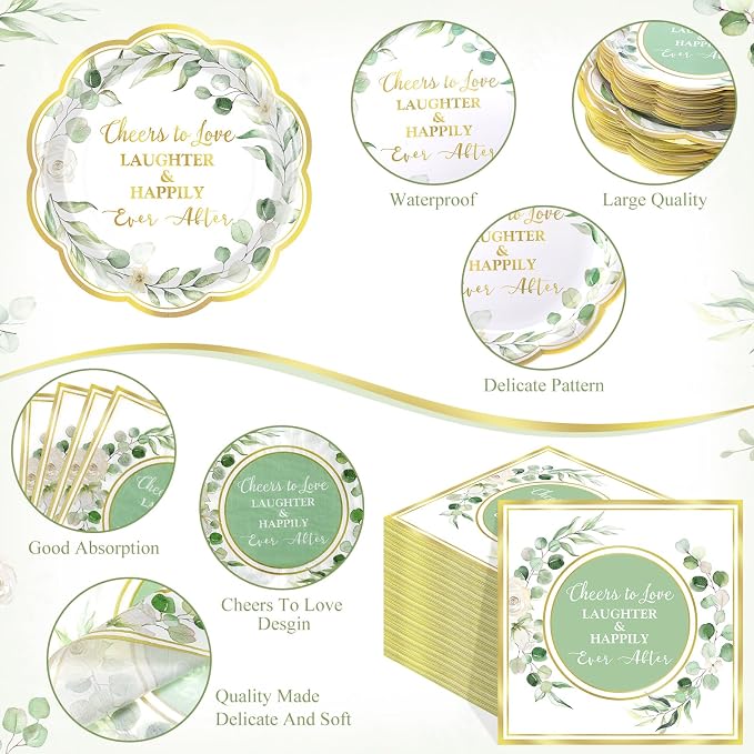 Funnymoom 250 Pcs Eucalyptus Leaves Bridal Shower Party Decorations Sage Green Cheers to Love Paper Plates Napkins Cups Disposable Tableware Set for Wedding Engagement Party Supplies, Serves 50