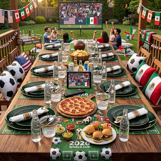 KIRE 175PCS Green Plastic Plates with Gold Rim - Heavy Duty Green Plates Disposable Include 50 Fancy Plastic Plate, 25Pre Rolled Napkins 25 Cups For Party/Wedding/Spring/2026 FIFA World Cup