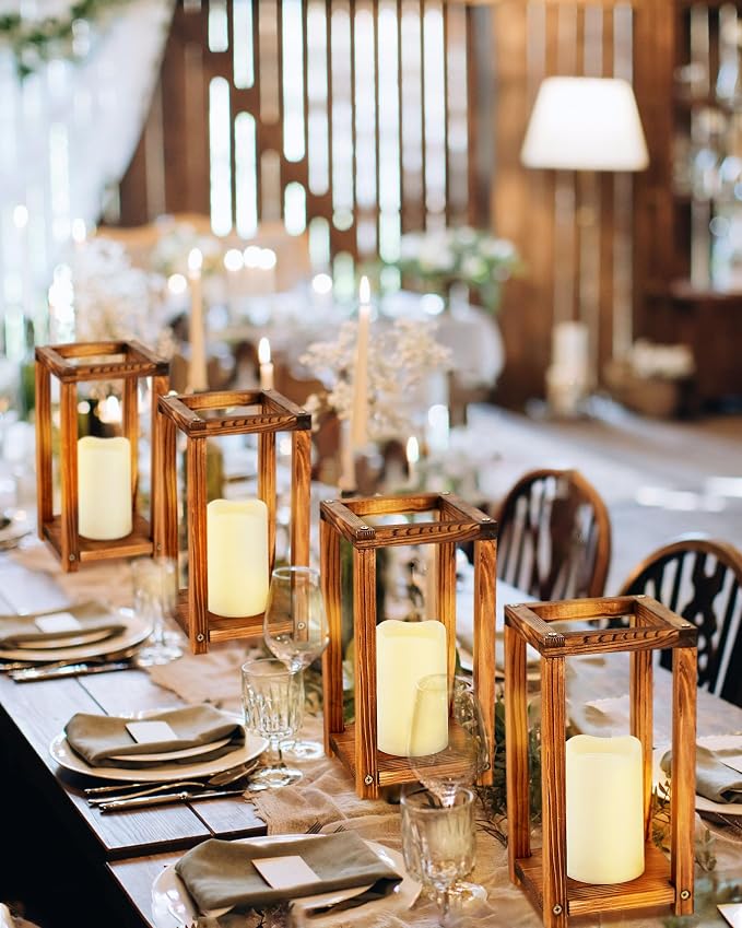 Huquary 16 Pcs Wooden Wedding Lantern Centerpiece Includes 8 Rustic Wooden Lantern Centerpiece and 8 Flameless Candle Holder for Farmhouse Rustic Table Decorations Party Gift(Brown)