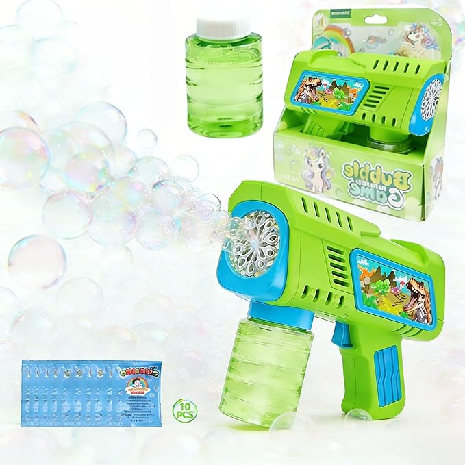 Bubble Gun Machine with Batteries, Green and Pink, Includes Bubble Solution and Refill Packs, Dinosaur Theme, Kids Outdoor Toy