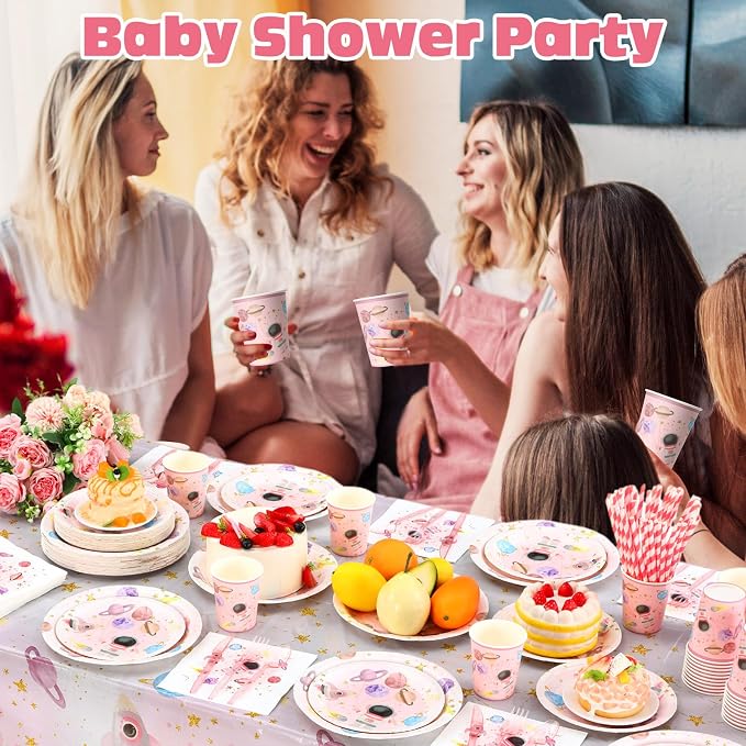 Potchen 452 Pcs Party Supplies Serve 50 Guests, Paper Plates Napkins Cups Cutlery Plastic Tablecloth Dinnerware for Birthday Wedding Party Decoration (Light Pink, Space)