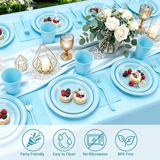 Light Blue Plastic Plates for Party,30 Guest Disposable Blue Party Supplies Including Dinner&Dessert Plate,12oz Cups,Cutlery,Napkins & Tablecloth Dinnerware Decorations for Baby Shower Birthday