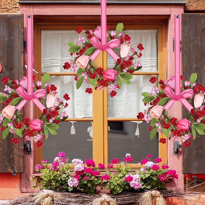 6 PCS 9" Mini Valentine's Day Wreath for Front Door Valentine Kitchen Cabinet Wreath Artificial Tulip Small Wreath with Forsythia Flowers Lavender Green Leaf Ribbon for Wedding Window Home Wall Decor