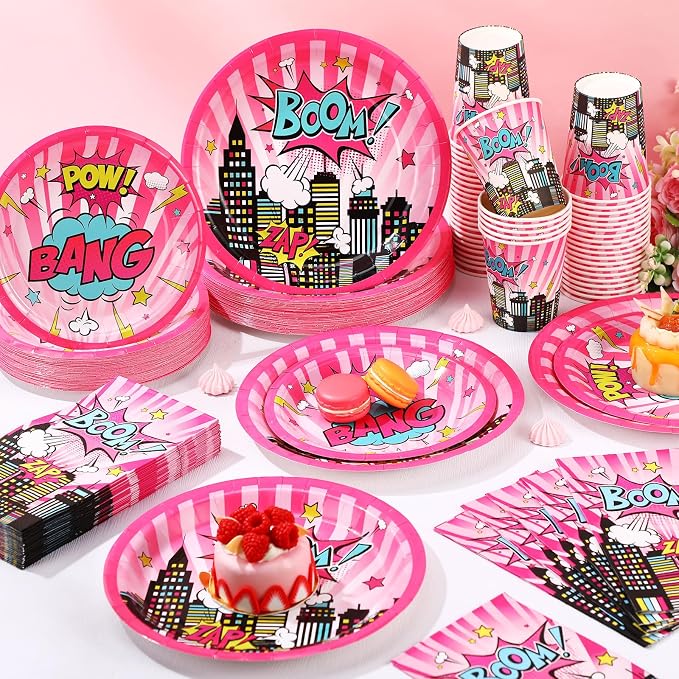 Funnymoom 250 Pcs Girl Hero Birthday Decoration Pink Comic Girl Hero Paper Plates Napkins and Cups Power Halloween Theme Party Tableware for Birthday Baby Shower Party Supplies, Serves 50