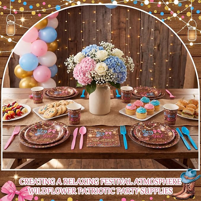 400 Pcs Boots or Bows Gender Reveal Party Decoration for 50, Gender Reveal Plates Napkins Cups Cutlery Pink Blue Western Disposable Tableware for Boy or Girl Baby Shower Party Supplies