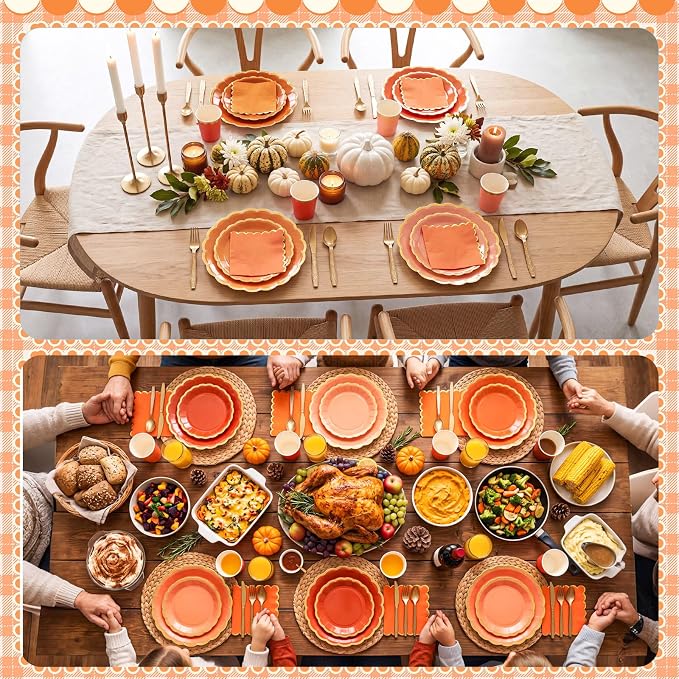 Mimorou 169 Pcs Beige-orange Beach Party Supplies Set Fall Disposable Tableware Kit with Plates, Cups, Napkins, Cutlery in Orange Tones for Fall Autumn Thanksgiving Baby Shower, Birthday