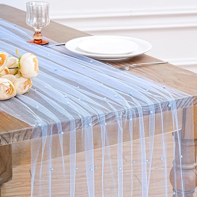 Pearl Table Runner Wedding Centerpieces: 10ft Pearl Table Decor 29x120 Inch Tulle Chiffon Fabric for Decor Birthday Party Dining Table Cover (Baby Blue)