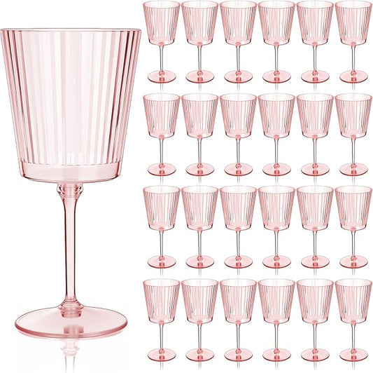 Domensi 24 Pack Plastic Wine Glasses Disposable 13 oz Ribbed Wine Glasses with Stem Unbreakable Reusable Cocktail Cups for Wedding Holiday Birthday Party Supplies (Pink)
