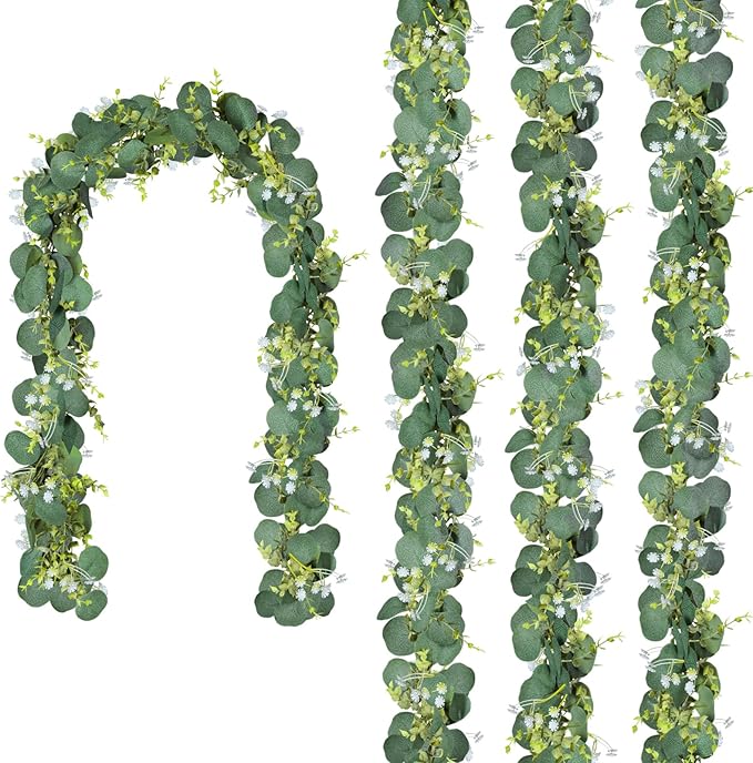 CQURE 4Pcs Eucalyptus Garland,Artificial Eucalyptus Leaves Table Greenery Garland Wreath Vines for Wedding Party Table Fireplace Bedroom Wall Room Decor