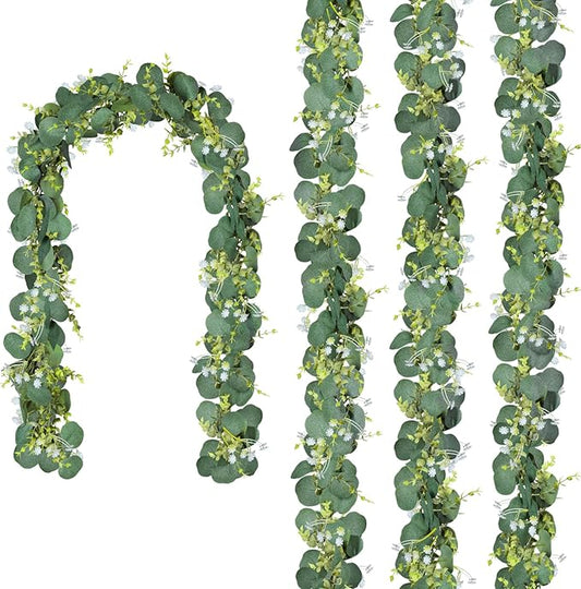 CQURE 4Pcs Eucalyptus Garland,Artificial Eucalyptus Leaves Table Greenery Garland Wreath Vines for Wedding Party Table Fireplace Bedroom Wall Room Decor