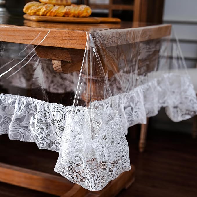 ARTABLE Vinyl PVC Rectangle Tablecloth Waterproof Clear Table Cover with Champagne Lace Macrame Border for Wedding Kitchen Home Outdoor Indoor Holidays Party Decor (Offwhite-2, 60 x 104 Inch)