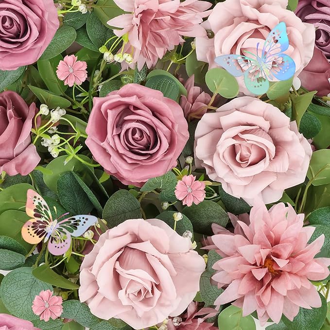 4 Pack 5.9 FT Artificial Flower Garland with Butterflies Fake Rose Garland Faux Greenery Eucalyptus Garlands for Wedding Table Backdrop Arch Centerpieces Decorations - DarkPink