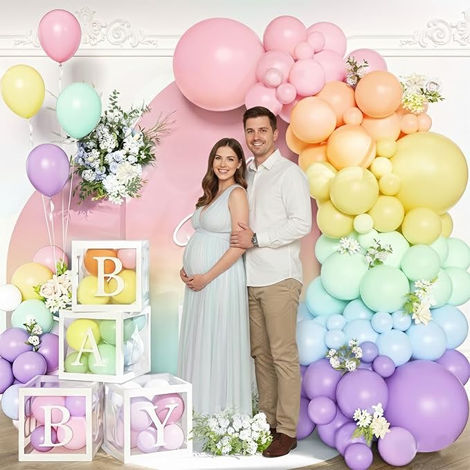 144Pcs Pastel Rainbow Balloon Arch Kit with 4 Baby Boxes - Macaron Pink Purple Blue Yellow Balloons for Unicorn Birthday, Ice Cream Theme, Baby Shower Girl Decorations