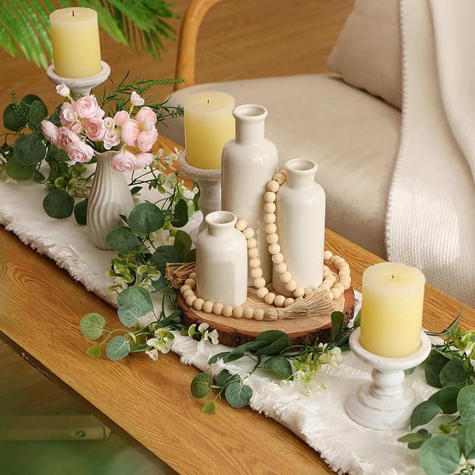 Geelin 6 Pcs Rustic Table Centerpieces, Set of 3 Boho Ceramic Vases, Wooden Serving Tray, Modern Farmhouse Wood Beads Garland Tassel, Artificial Greenery for Home Coffee Tabletop Decor(White)