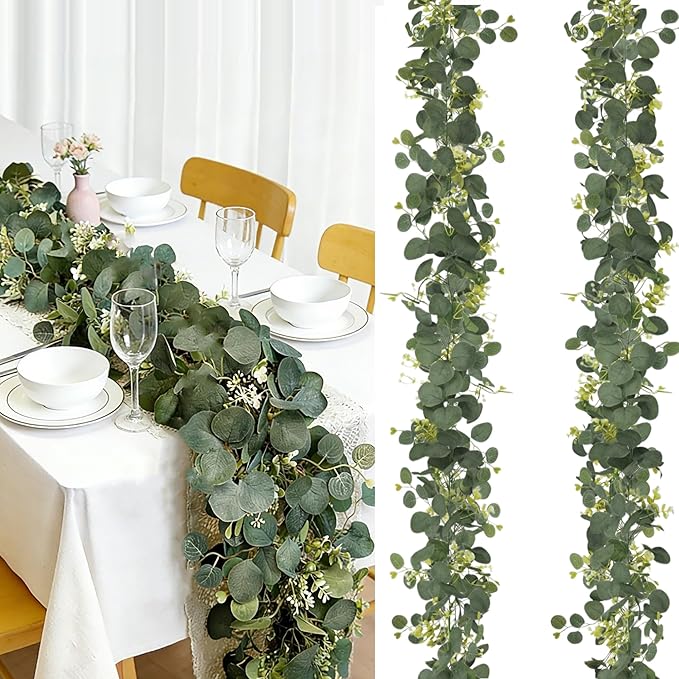 2Pcs Eucalyptus Garland, 6FT Green Garland with Flowers, Artificial Faux Greenery Vines for Wedding Party Table Centerpieces Runner Room Home Mantle Decor