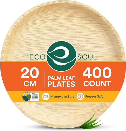ECO SOUL Palm Leaf Like Bamboo Plates, 8 Inch Round, 400 Pack Bulk Disposable Appetizer & Dessert Tableware, Compostable Biodegradable Natural Wooden Small Party Plates for Wedding, Catering, Events