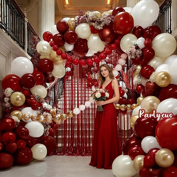Red White Gold Balloon Arch Double Stuffed Burgundy Pearl White Sand Gold Balloon Garland Kit Red Linking Balloons Fringe Curtain for Birthday Bridal Shower Mother's Day Wedding Engagement Party Decor