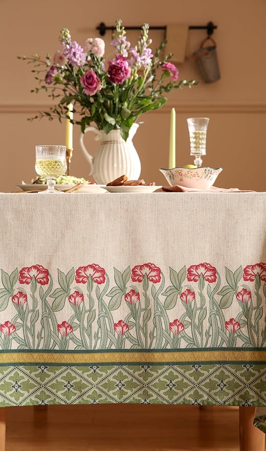 patdrea Vintage French Linen Tablecloth,Square,55"x55"-Cecilia D | Colorful Elegant Table Cloth for Square Table,Floral Vine Patterned,Dining Room Tea Party Thanksgiving Decor