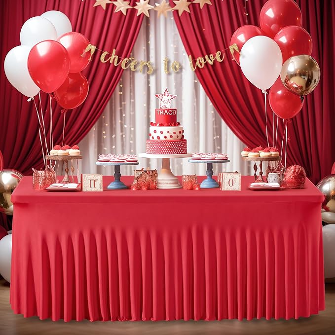 Wish Care 6 Pack Red Stretch Spandex Table Clothes for 4 Foot Rectangle Tables, 4FT Wrinkle Free Fitted Tablecloths Ruffles Design Table Cover for Party, Banquet, Wedding and Events