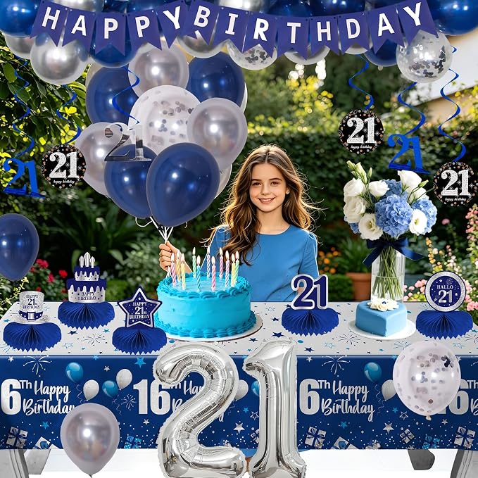 Happy 21st Birthday Decorations for Him Her, Dark Blue Silver 21 Birthday Party Supplies with Backdrop Banner 32 In Foil Number 21 Balloons Honeycomb Centerpieces for 21 Years Old Birthday Decor