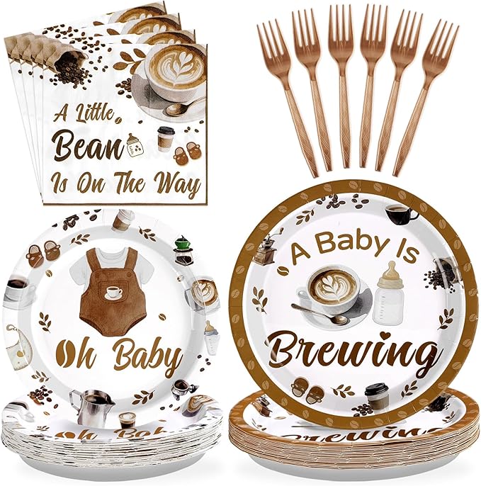 Grencian Coffee Baby Shower Decorations - 96Pcs A Baby Is Brewing Baby Shower Plates and Napkins Gender Reveal Disposable Tableware Set for Boys Girls Coffee Themed Party Decorations Serve 24