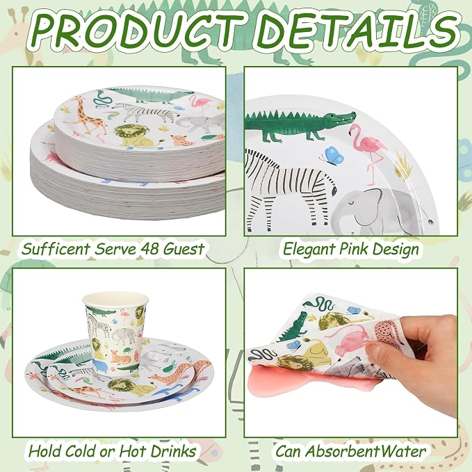 Newtay 350 Pcs/ 50 Sets Safari Animals Supplies Include Paper Plates, Napkins, Cups and Knife, Spoon, Fork Disposable Tableware Set for Safari Jungle Theme Birthday Decorations