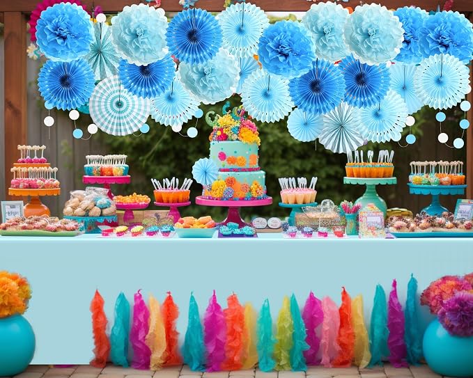 Fullhawl 27 Pcs Navy Blue Party Decoration, 6 Pcs Disposable Tablecloth 21 Pcs Hanging Paper Fans, Pom Poms Flowers, Garland String Polka Dot and Triangle Flag Set for Birthday, Wedding