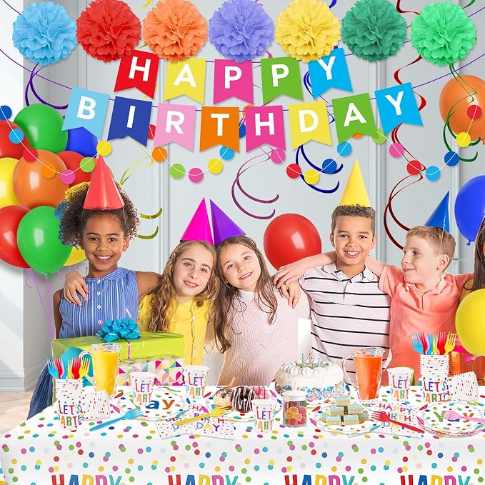 Happy Birthday Decorations - 156pc Birthday Party Supplies Set with Birthday Plates and Napkins, Happy Birthday Banner,Cups, Tablecloth(Serves 24)