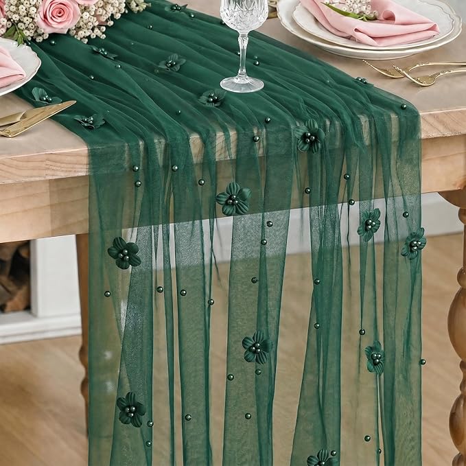 Artoid Mode Green Flower Pearl Green Gauze Table Runner 10FT, Seasonal Sheer Dining Holiday Wedding Birthday Baby Shower Table Decor for Home Party