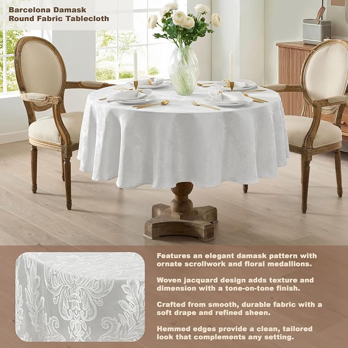 Newbridge Barcelona Luxury Damask Fabric Tablecloth, 90” Round, White, 100% Polyester, No Iron, Soil Resistant Dining Room, Party and Banquet Table Cover
