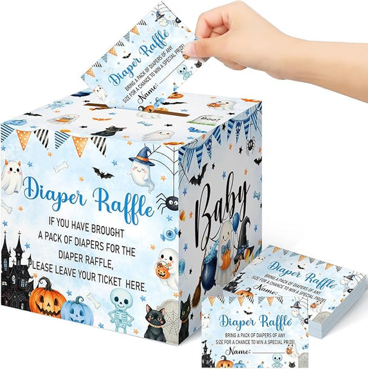 Teling 51 Pieces Diaper Raffle Tickets Box with Card Baby Shower Decorations Gender Reveal Holder Box for Girl Boy Diaper Raffle Party (A Little Boo is Almost Due)