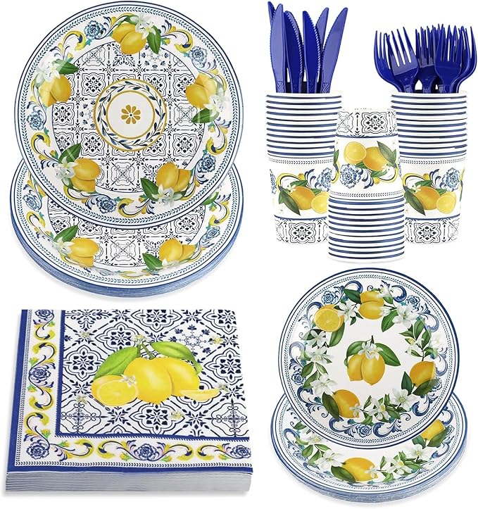 120 PCS Capri Lemon Supplies, Disposable Blue Tiles Lemon Plates Napkins Cups Knives Forks, Fruit Theme Party Tableware Set for Birthday Bachelorette Party Baby Shower Decor Supplies, Serves 20 Guests