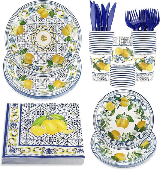 120 PCS Capri Lemon Supplies, Disposable Blue Tiles Lemon Plates Napkins Cups Knives Forks, Fruit Theme Party Tableware Set for Birthday Bachelorette Party Baby Shower Decor Supplies, Serves 20 Guests