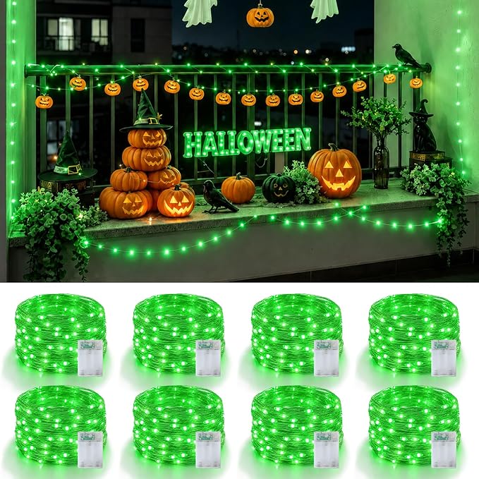 YEGUO Green Fairy Lights Battery Operated, 8 Pack Each 16ft 50 LED Mini String Lights, 2 Modes Silver Wire Christmas Twinkle Light Indoor for Halloween Bedroom Wedding Party Holiday Gift