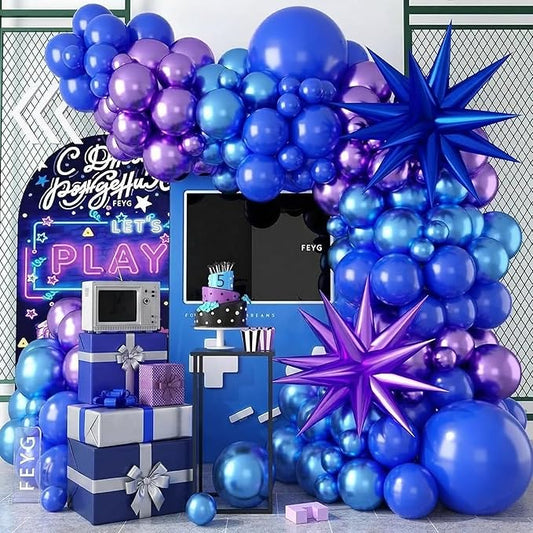 Purple Blue Balloon Arch Kit, Metallic Purple and Blue Balloons Garland Kit with Star Balloons Party Birthday Balloons for Boys Video Game Birthday Baby Shower Engagement Party Supplies