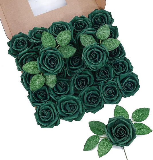 DuHouse 50Pcs Artificial Roses Flowers Fake Roses with Stems Real Touch Foam Flowers for DIY Wedding Bouquet Party Centerpiece Floral Arrangement Party Home Decor(Hunt Green)