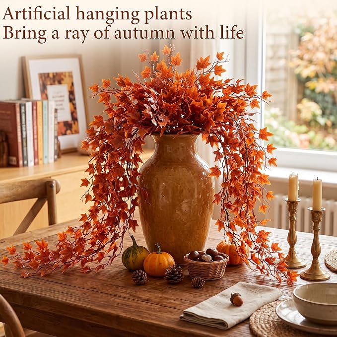 Daifunli 12 Pcs Artificial Fall Hanging Plants Fake Hanging Ferns Plastic Autumn Faux Plants for Wall Room Garden Garland Indoor Outdoor Decor No Basket (Maple Leaves)