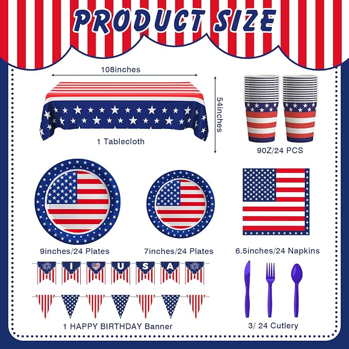 Cecnamt American Flag Themed Party Decorations, 170 Pcs Patriotic Party Decorations Including Banner, Plates, Cups, Napkins, Cutlery, Straws and Tablecloths, Serves 24