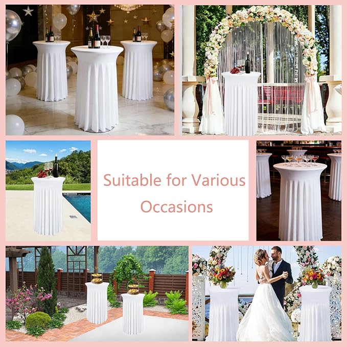 5 Pack White Cocktail Table Covers - 32 x 43 Inch Stretch Spandex Cocktail Tablecloths with Skirt Round Stretch High Top Table Cloths for Party, Bar, Pub, Wedding, Banquet, Birthday