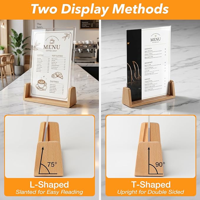 Acrylic Sign Holder 8.5 x 11 with Wood Base 3 Pack, Anti-Slip Silicone Bottom Menu Stand for Table, Clear Double Sided T-Shape & Slanted L-Shape Flyer Display for Office, Restaurant, Wedding