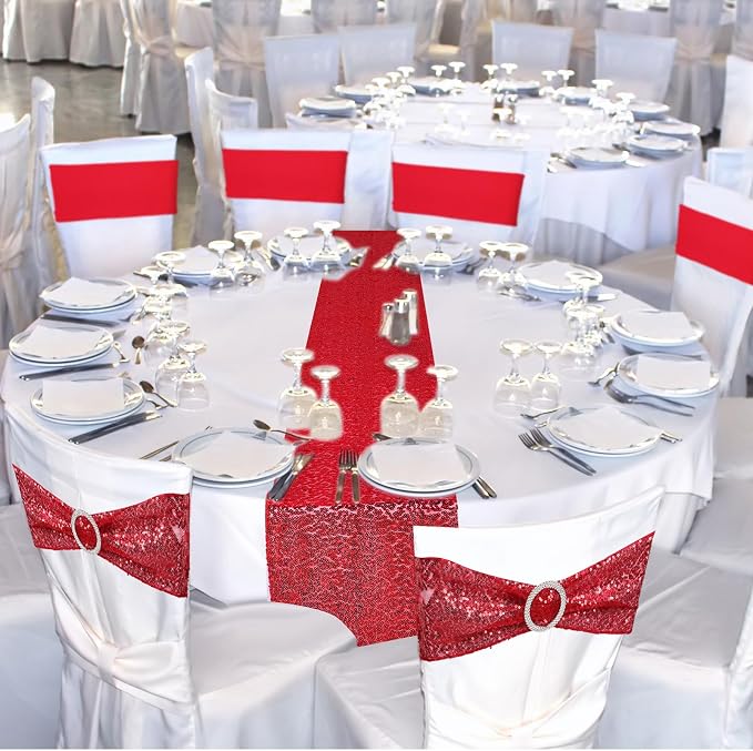 Newwiee 54 Pcs Red Sequin Chair Sashes and Table Runners, 48 Sequin Chair Bows, 6 Glitter Table Runners for Birthday Party Wedding Banquet Holiday Decorations