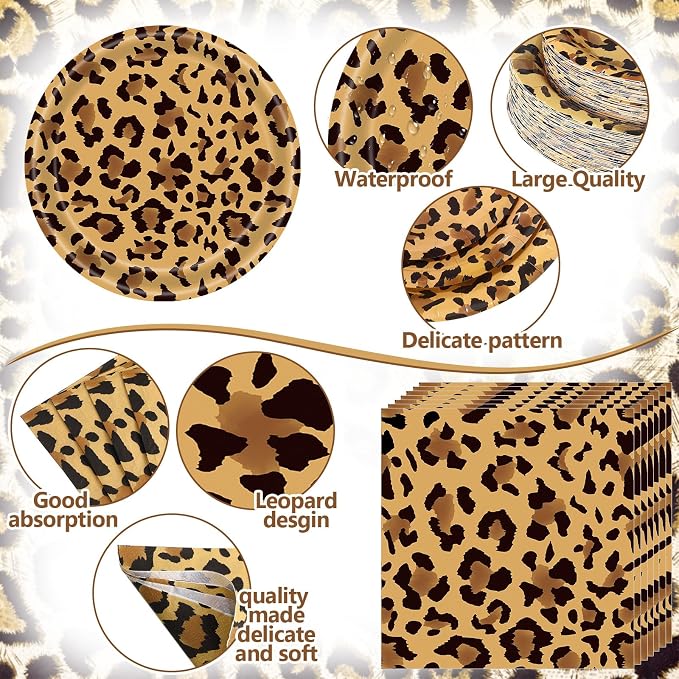 Funnymoom 250 Pcs Leopard Print Plates Napkins and Cups Cheetah Print Party Decoration Tableware Safari Animal Leopard for Birthday Baby Shower Party Favors Jungle Theme Supplies Serve 50 Guests