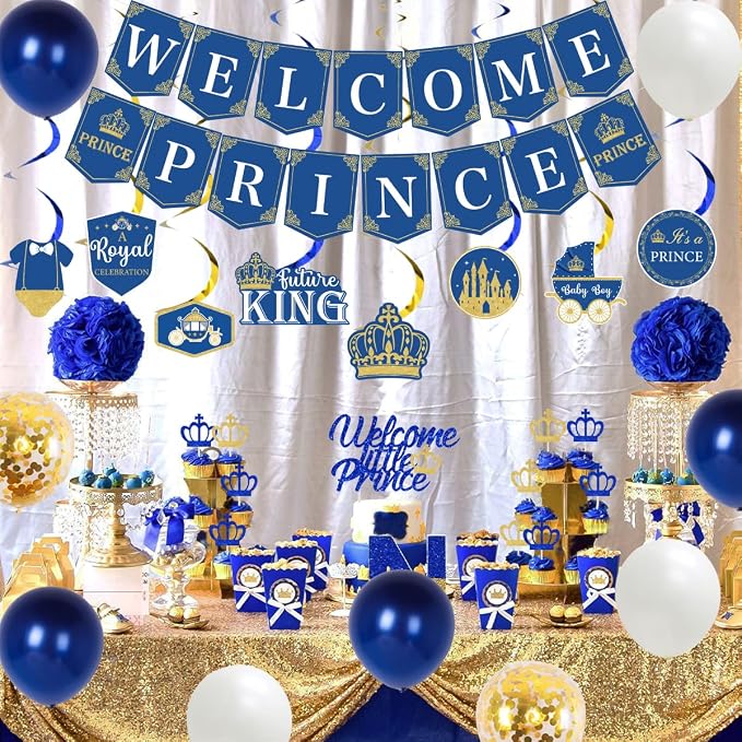 Royal Prince Baby Shower Decorations for Boy - Welcome Prince Banner Hanging swirls Navy Blue and Gold Glitter Cupcake Toppers Crown Foil Balloons Prince Baby Shower Birthday Party Supplies