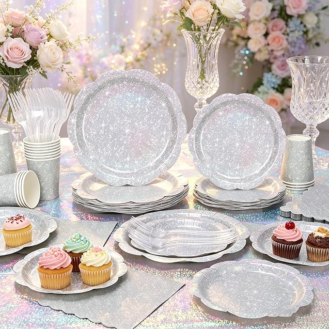 Silver Iridescent Plates and Napkins Set, Disposable Holographic Paper Plates Cups Napkins Forks Tablecloth Party Supplies for Birthday Baby Shower Bridal Shower Party Decorations, Serves 24 Guests